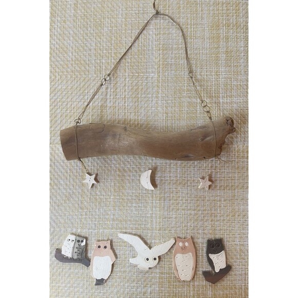 Owls Wind Chimes Driftwood Rustic Cabin Decor w/ Painted Ceramic Figs Handmade - Picture 3 of 9